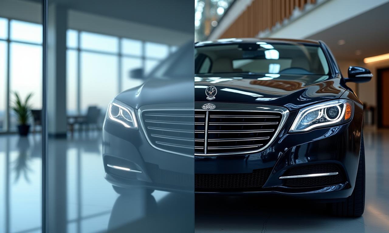 Split image: modern office setting on left, high-end detailed car on right, representing Sinuhe Puhtaus's legal and vehicle care services